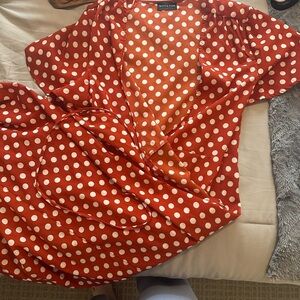 White + Warren Red Polka Dot Wrap Dress